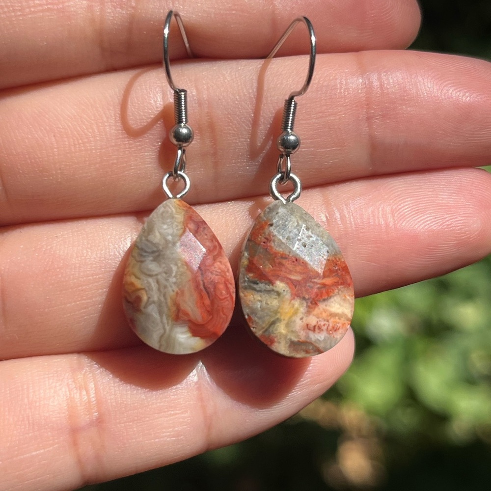 Stainless steel crazy lace agate drop earrings